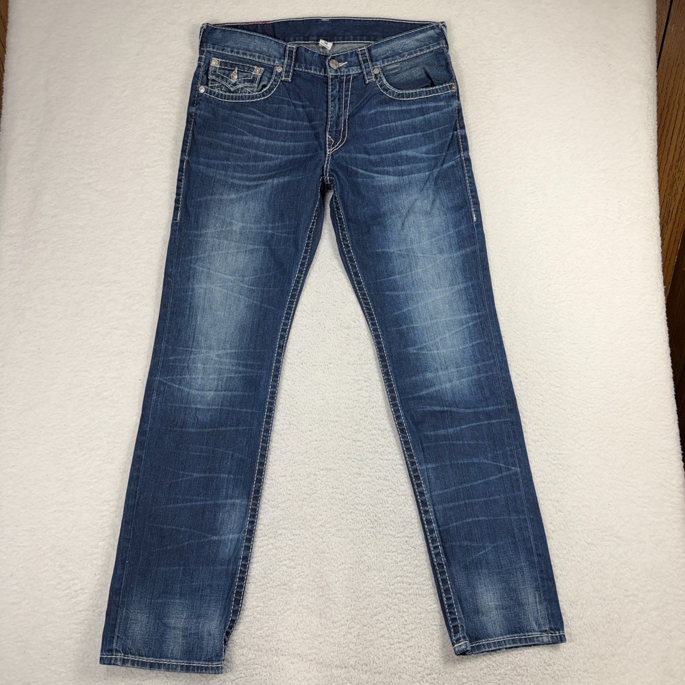 True Religion Jeans Mens 34 (35.5x33) Natural Big T Flap Thick Stitch Y2K